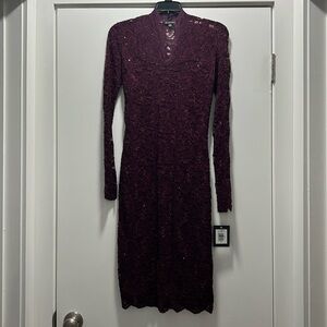 Marina Women's Long-Sleeve Lace Sequin Dress - Merlot (Size 4)